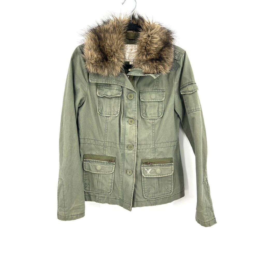 AMERICAN EAGLE Olive Green Military Jacket Faux Fur Trim Hood Cotton Size Medium